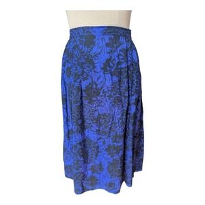 Vtg Blue Black Floral Midi Skirt High Waist Pleated Dark Academia Cottagecore